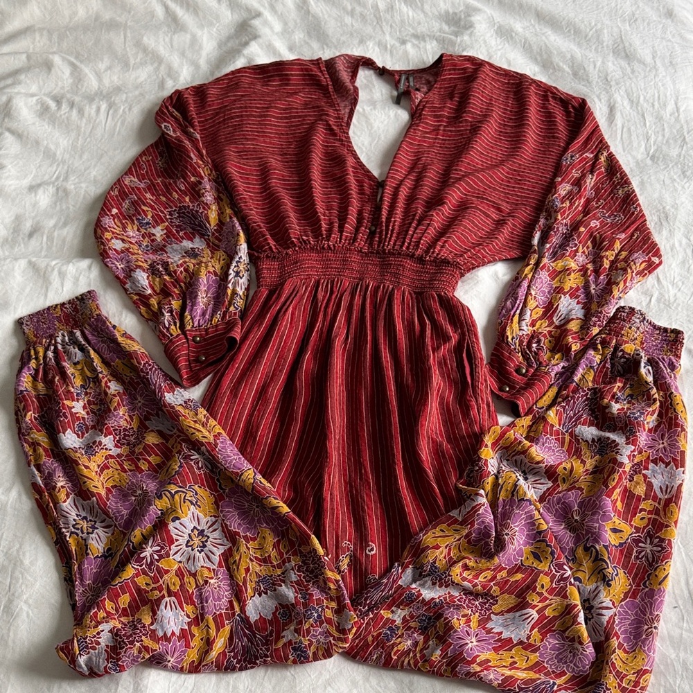 Anthropologie Red and Floral Jumpsuit xs